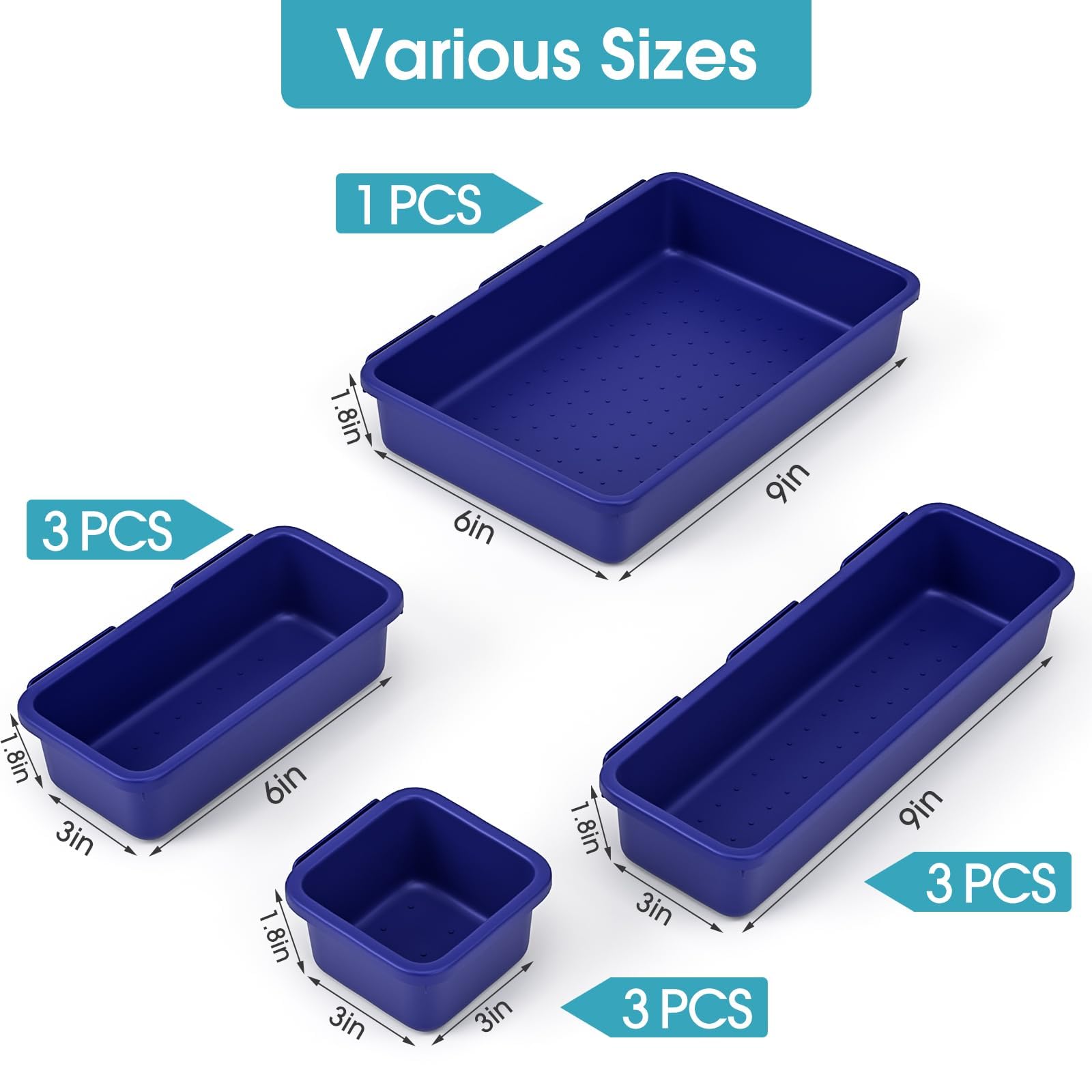 Lot de 10 organiseurs de tiroir de 4 tailles avec coussinets antidérapants, bacs de rangement emboîtables en plastique pour bureau, coiffeuse à bijoux, gadgets, salle de bain, cuisine, bleu marine