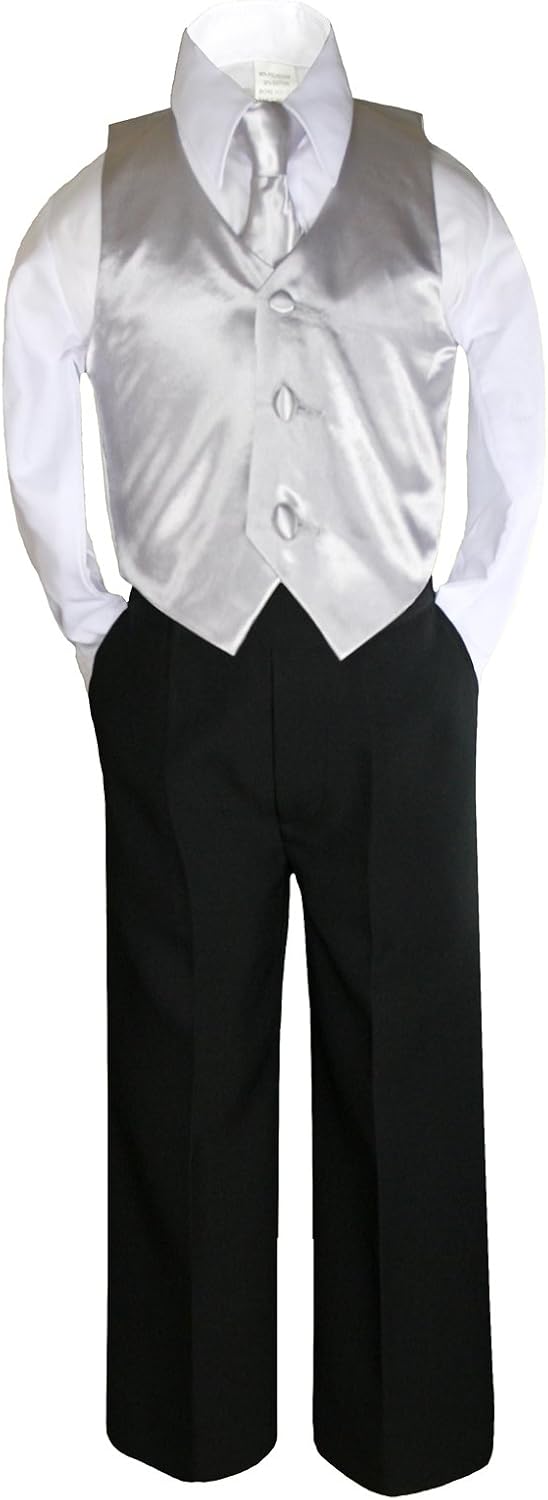 7pc Boys Black Suit with Satin Silver Vest Set from Baby to Teen