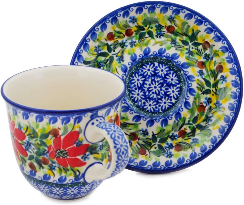 Polmedia Polish Pottery Cup with Saucer UNIKAT - Blooming Daisies Pattern Handmade in Boleslawiec Poland by Ceramika Artystyczna + Certificate of Authenticity