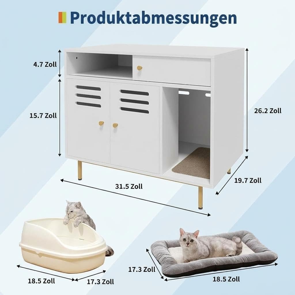 Modernes Katzenklo-Möbel mit Schublade, Regal, Versteckter Katzenklo Schrank 80 × 50 × 67cm, Katzenstreu Enclosure mit Seitlicher Einstieg, Belüftetes, Hundesicher für Flur & Schlafzimmer, Weiß