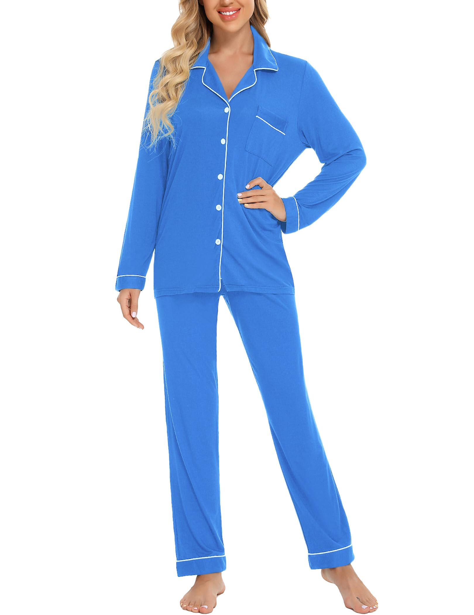 Pjmlifecoco Womens Button Down Pajamas Set Two-Piece Long Sleeve and Pants Sleepwear Soft Lounge Pj Sets S-XXL