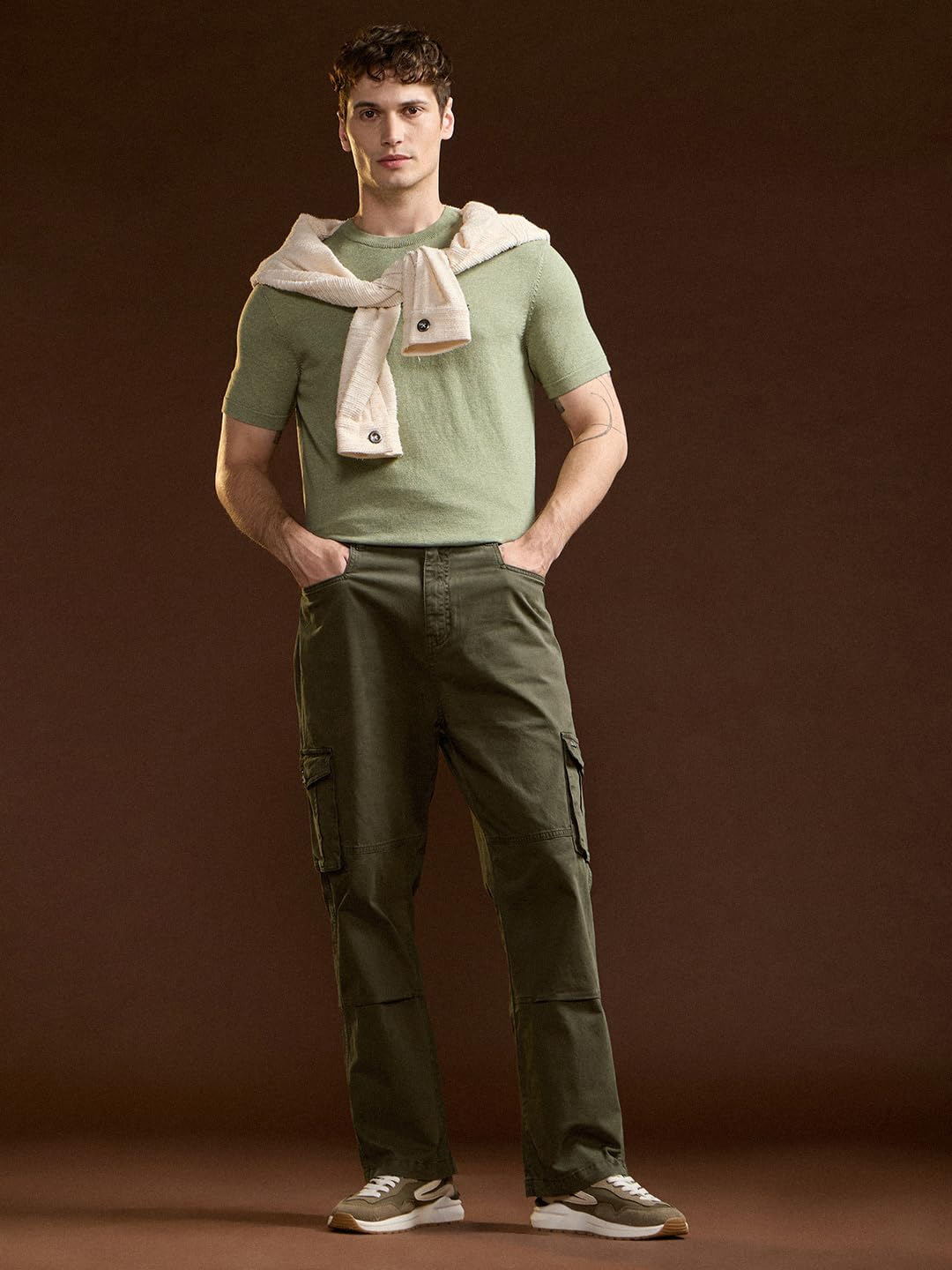 THE BEAR HOUSE Men's Olive Green Cotton Solid Utility Cargo 3