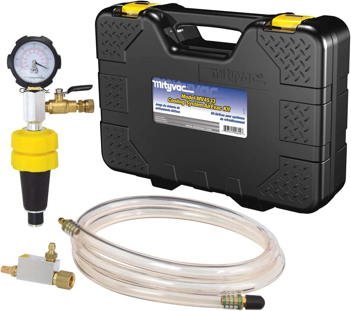 Mityvac MV4533 AirEvac Automotive Radiator/Cooling System Pressure Test Kit, Compressed-air Operated Venturi Vacuum, Compact One-piece Adapter, 2-1/2"D Gauge, Push-button Valve, Custom-molded Case