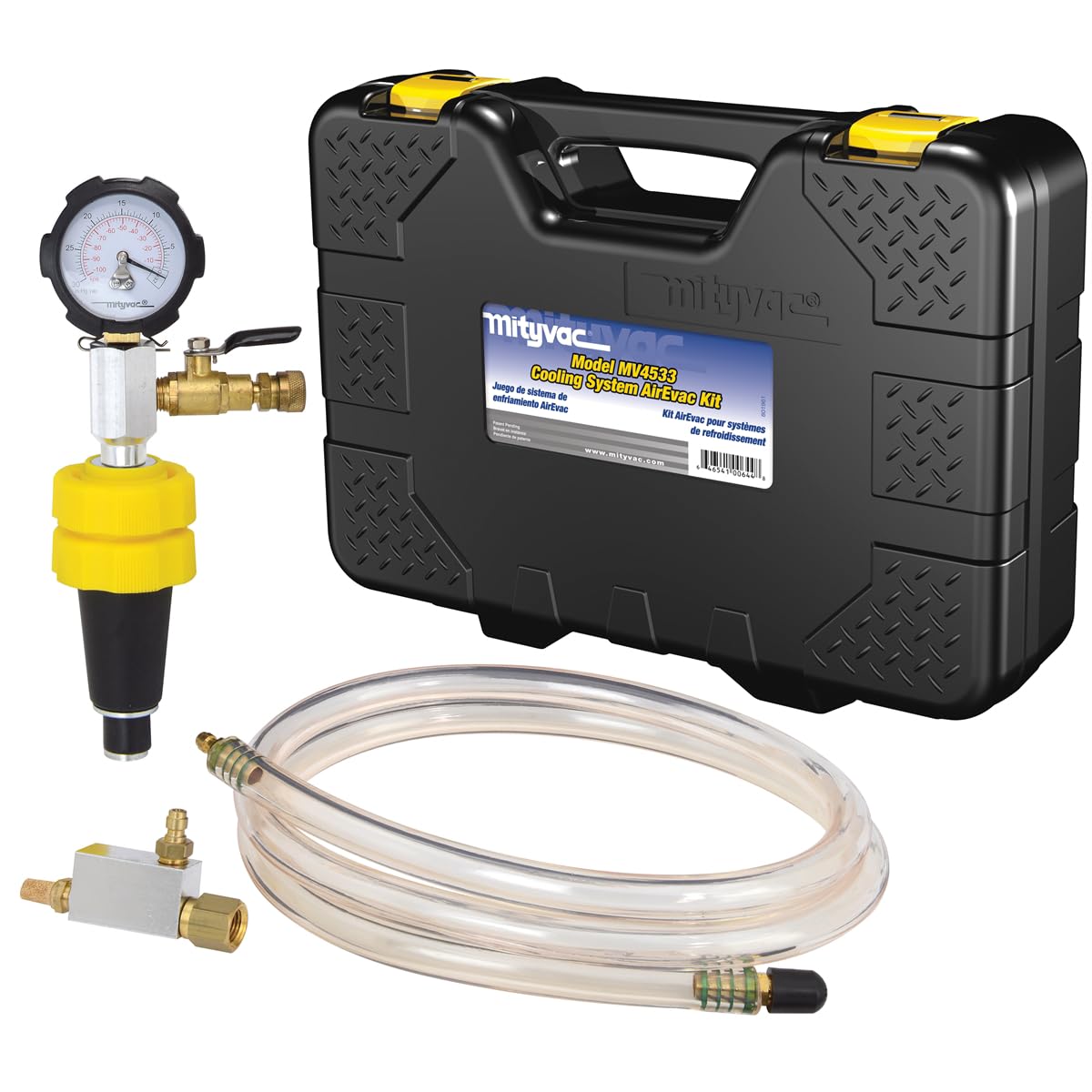 Mityvac MV4533 AirEvac Automotive Radiator/Cooling System Pressure Test Kit, Compressed-air Operated Venturi Vacuum, Compact One-piece Adapter, 2-1/2