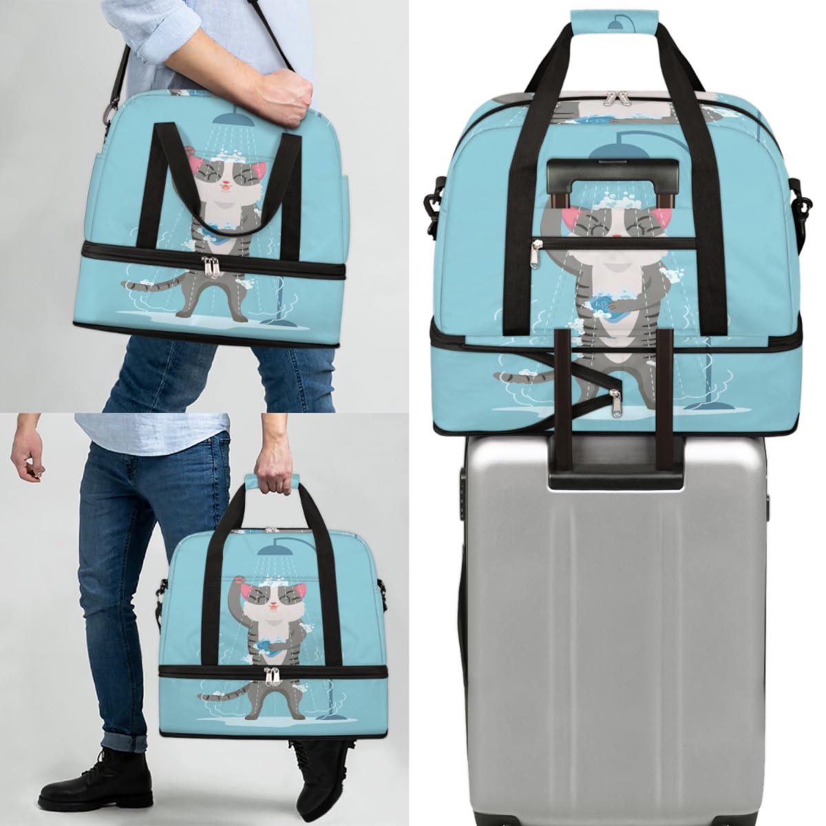 Bolsa de viaje plegable con diseño de gato divertido de 47 l, bolsa de fin de semana con funda de carrito húmeda, bolsa de hombro separada para deportes, gimnasio, viajes, multicolor, 47L, Bolsa de