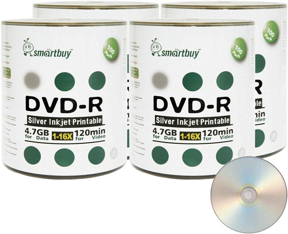Smart Buy 400 Pack DVD-R 4.7gb 16x Silver Printable Inkjet Blank Record Disc, 400 Disc 400pk