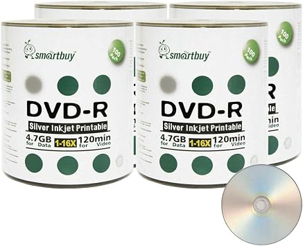 Smartbuy 4.7gb 16x DVD-R Silver Inkjet Hub Printable Blank Disc 400-Disc