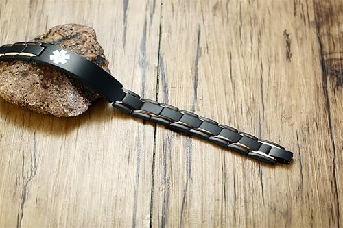 Miniatura 5 de MEALGUET Pulsera de identificación de acero inoxidable con grabado gratuito personalizado de 2 tonos, color negro, cepillado, para hombre