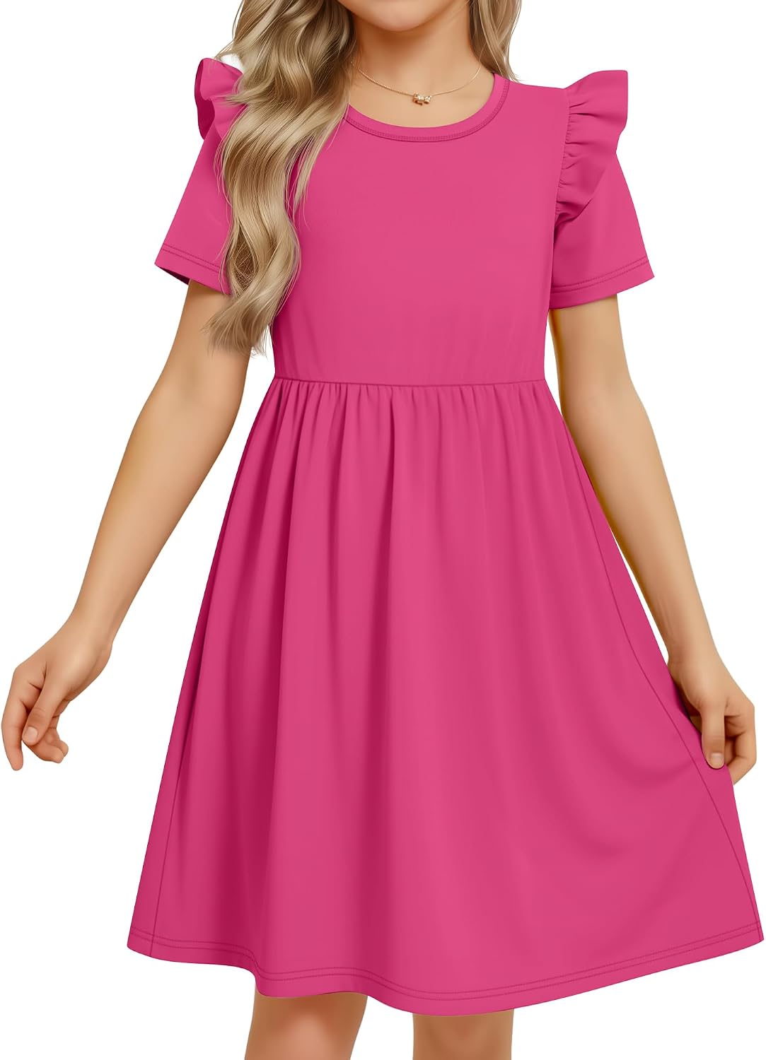 Girls' Ruffle Short Sleeve Dresses Crew Neck Summer Stretchy Knit Elastic Waist Casual Midi Dress for Kids 5-14 Y