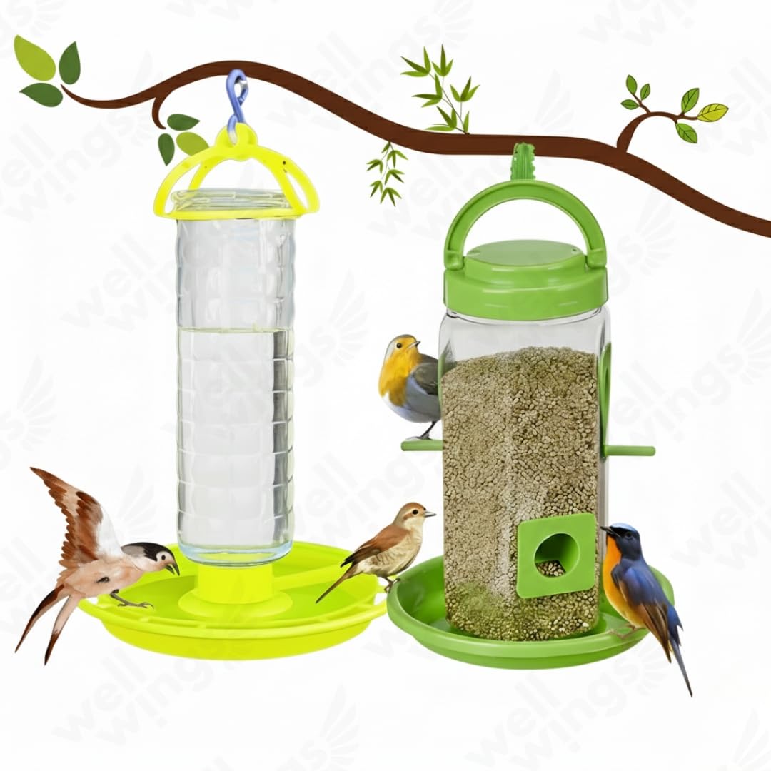 2-in-1 Bird Feeding Station Kit – Includes Clear Bird Seed Container and Liquid Water Dispenser with Perches for Small to Medium Backyard Birds