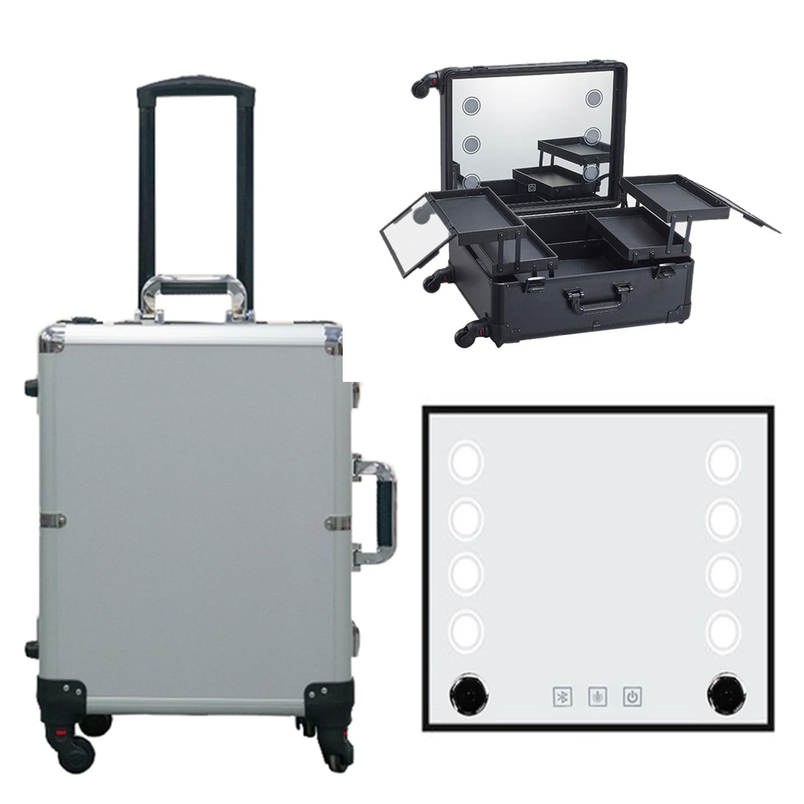 22'' aluminiowa walizka na kółkach do makijażu z podświetlanym lustrem LED, profesjonalny organizer na kosmetyki do makijażu, podświetlana toaletka do makijażu, 3 przyciski wyświetlacza,B