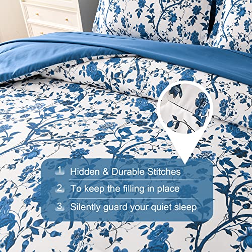 Image of Comforter Set for Queen Bed -7 Pieces Bed in a Bag Soft Microfiber Bed Set Blue Leaves Floral Pattern on White Spring Queen Comforter Sets with Sheets for All Seasons (Queen, Blue)