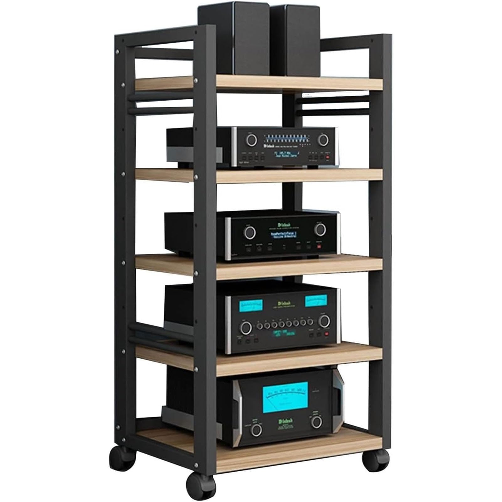 5-poziomowy stojak multimedialny AV, domowy system stojaków stereo z półką i kółkami z regulacją wysokości, wytrzymała szafka na komponenty audio/wideo do wzmacniaczy, odtwarzaczy