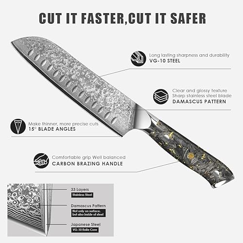 Miniatura 3 de KEENZO Cuchillo Santoku de Damasco de 7 pulgadas, cuchillo de chef afilado, juego de cuchillos de cocina profesional. Cuchillo de acero inoxidable