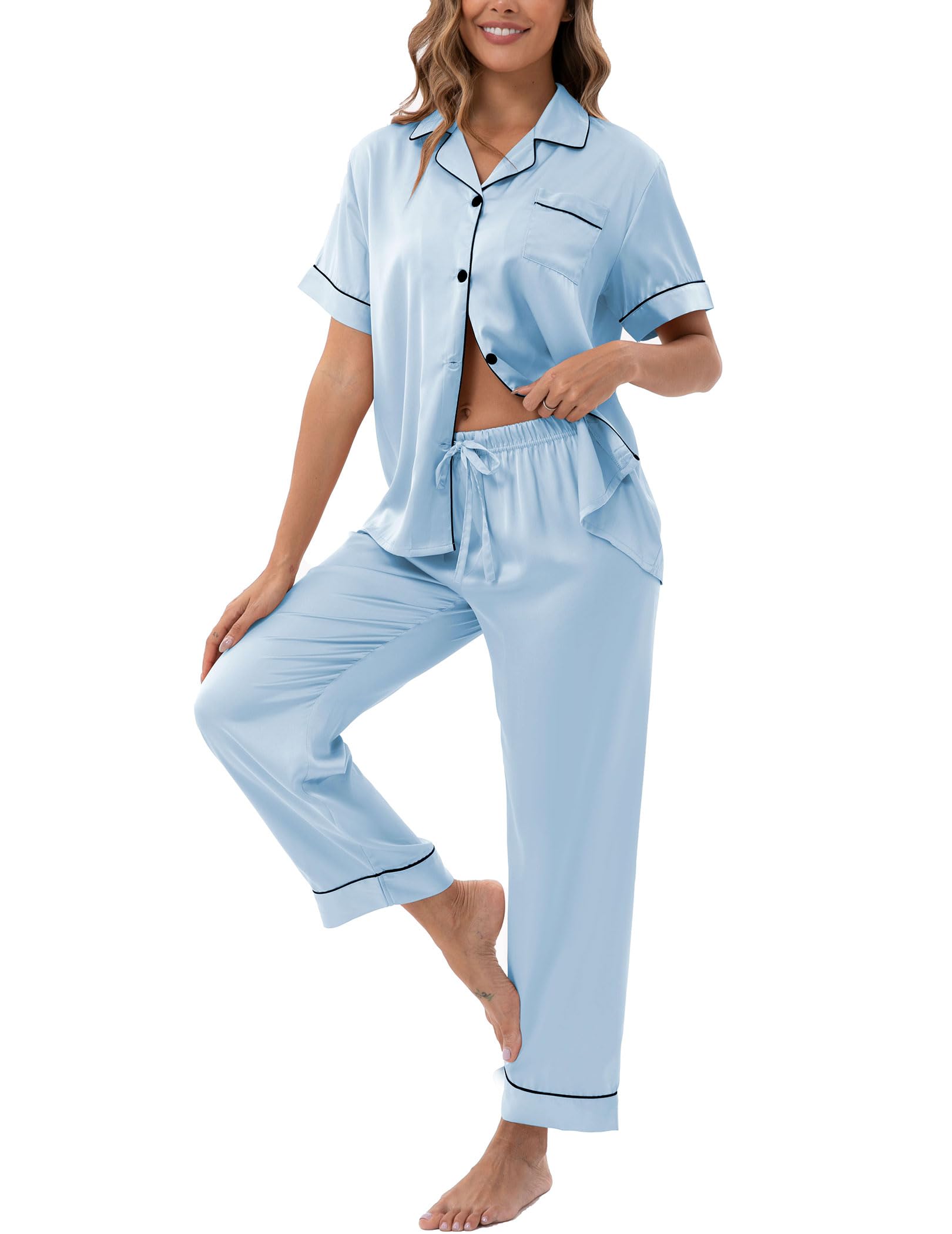UMBY Silk Satin Pajamas for Women Set 2 Piece button down Soft Silk Pjs Sets Cozy Silky Pajama Short Sleeve