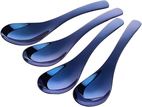 Blue Soup Spoons, Set of 4, Stainless Steel Polished Thick Heavy Duty Asian Rice Table Spoon,Dishwasher Safe