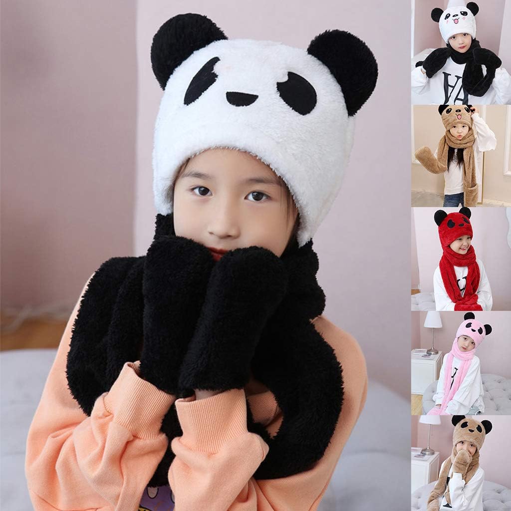 Scarf,3 in 1 Kids Boys Girls Hooded Scarf with Pockets Hat Long Scarf Gloves Set Cute Panda Ears Thicken Plush Warm Scarf(Red,Medium)
