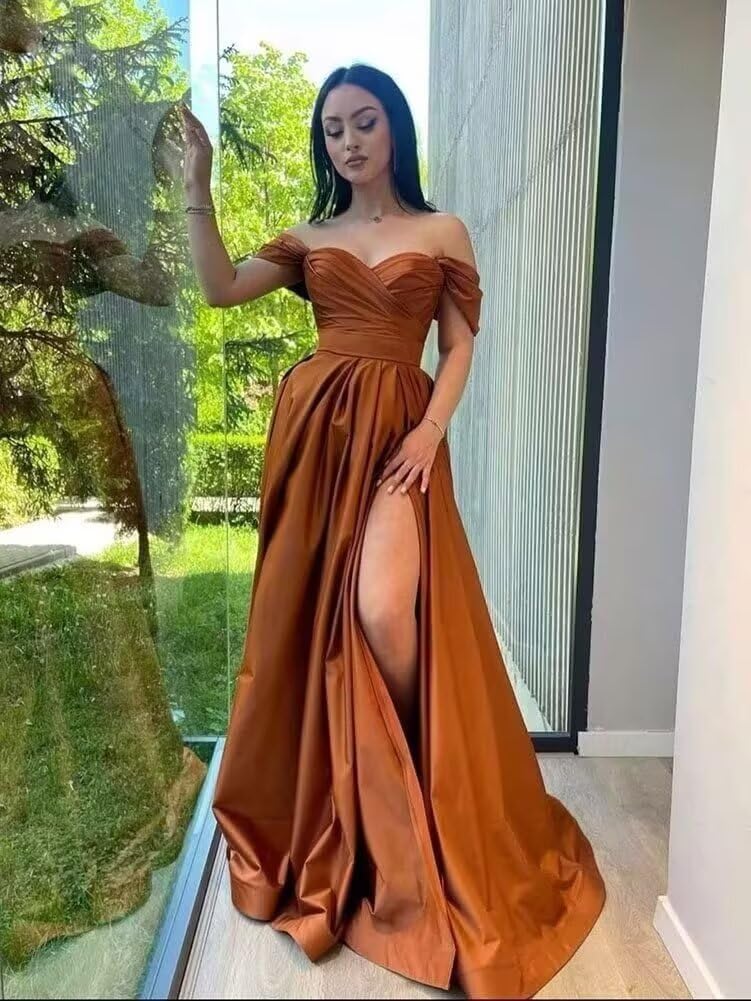 Satin Off Shoulder Bridesmaid Dresses for Women with Pockets Flowy Pleated Slit Long Formal Evening Party Dress