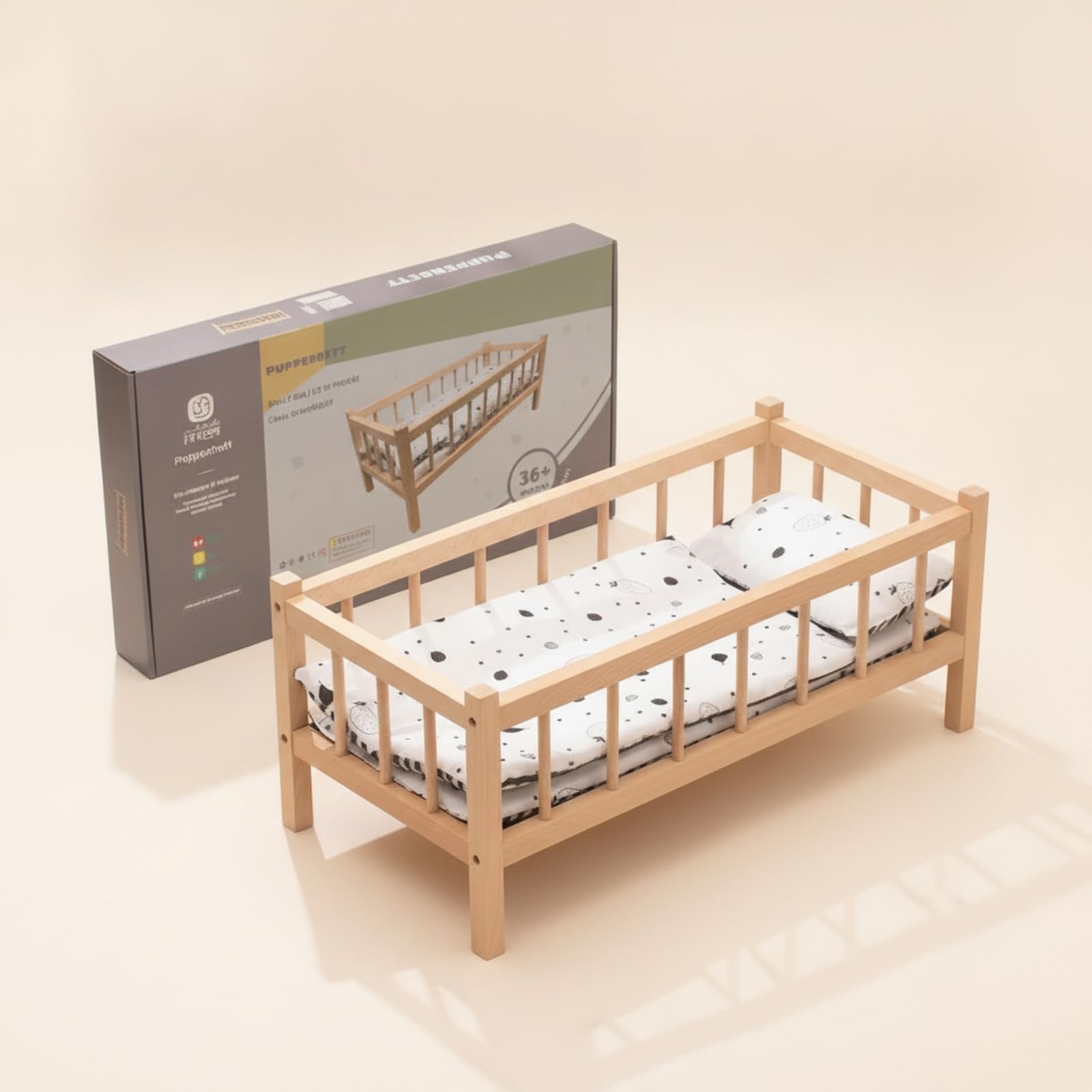 Letto per Bambole Culla Lettino Mini Letto in Legno di Faggio con Verticali E Cornice Rettangolare per Gioco di Ruolo Educativo Adatto a Cameretta Asilo Regalo Bambini