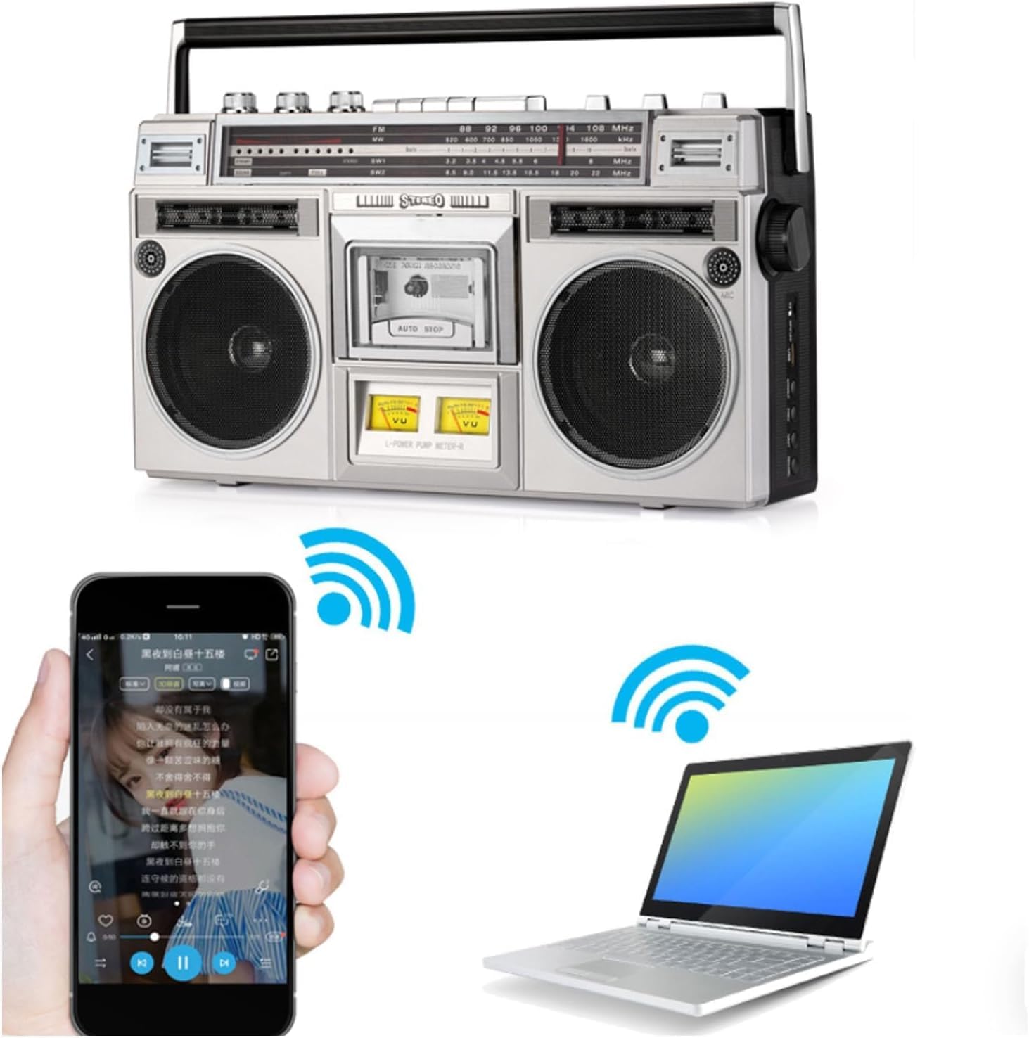 Boombox retrò anni '80 con Bluetooth e lettore CD, radio stereo portatile con registratore a cassetta, ingresso USB/SD per riunioni di famiglia e viaggi