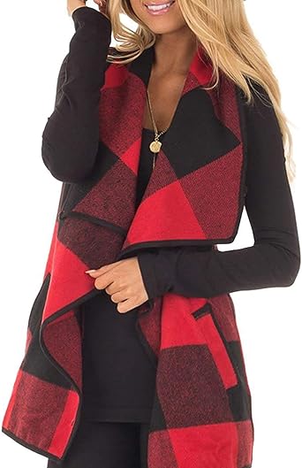 Buffalo Plaid Sleeveless Open Front Vest Coat With Pockets for Women | Soft Poly Plaid Vest,Size up 1, Loose Draped Layering Piece for Office, Daily Casual, Fall and Early Winter Everyday Outfits