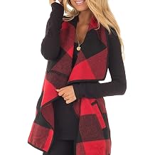 Women Sleeveless Cardigan Coat Lapel Open Front Plaid Vest Women Coat with Pockets