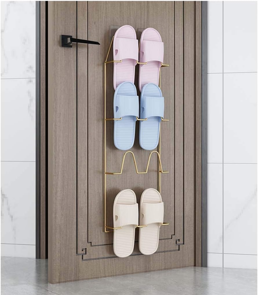 Shoe Rack Wall-Mounted Bathroom Slippers Rack 4 Tier Wall Hanging Toilet Storage Shelf Toilet Rack Free Punching Door Shoe rack23x62cm(Color:Golden)