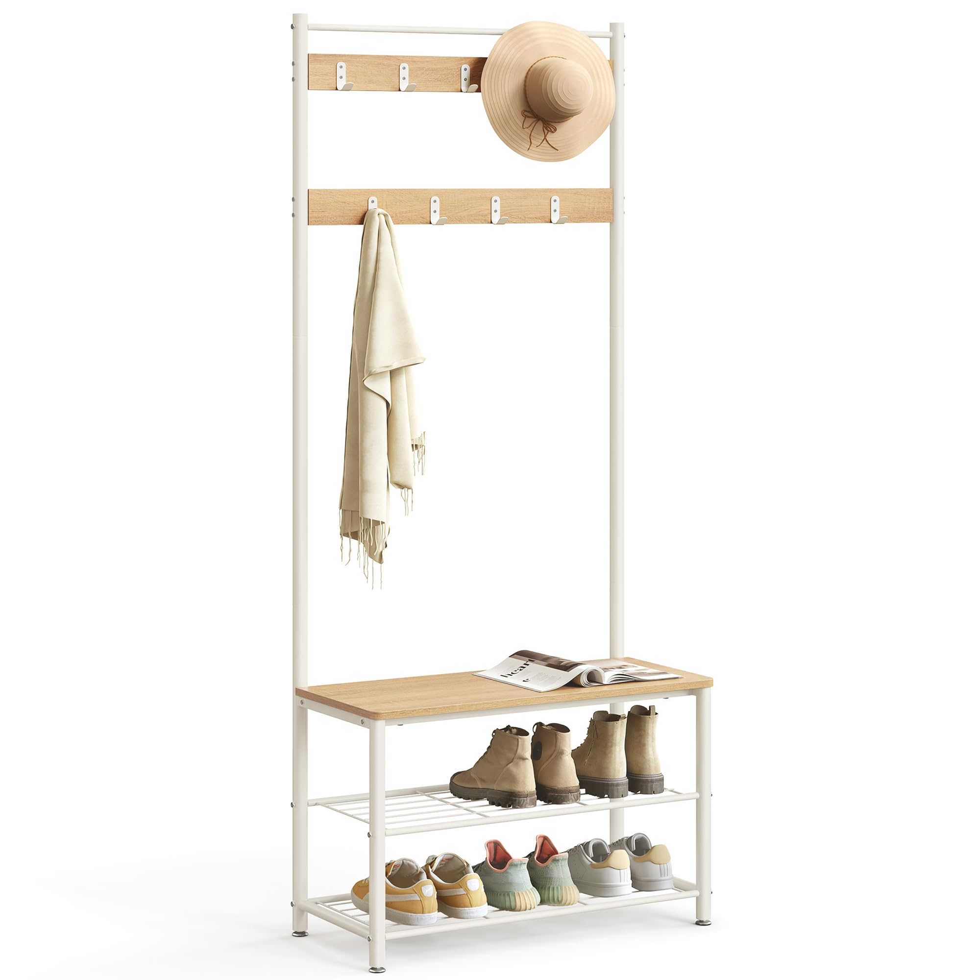 VASAGLE Garderobenständer, Kleiderständer mit Schuhablagen, Schuhregal mit Sitzfläche, für Flur, mit Haken, 3 Ablagen, aus Metall, Höhe 177 cm, modern, eichenfarben-weiß HSR041W09