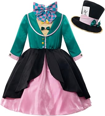 LTAKK Mad Hatter Costume Girls Halloween Kids Mad Hatter Cosplay Full Set for Girl