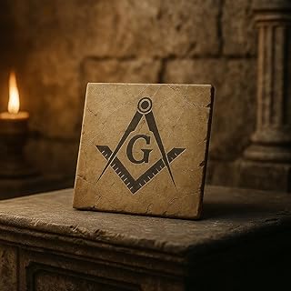 Ancient Stone Masonic Coaster – Freemasonry Emblem | Square & Compass Design Ceramic Tile Home Décor Size 4”x4”