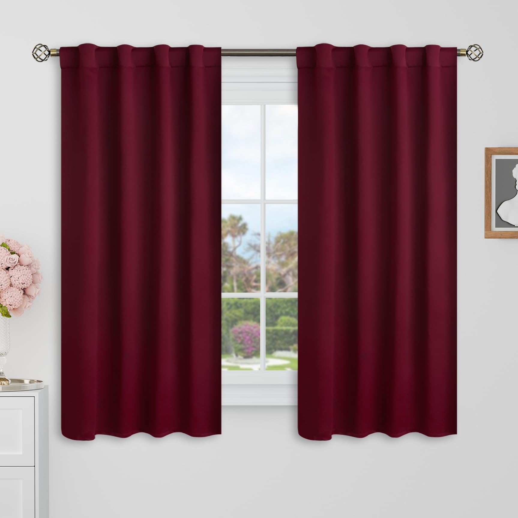 BGment Blackout Curtains 48 Inches Long for Windows - 38 x 48 inch Curtains Rod Pocket and Back Tab Thermal Insulated Room Darkening Curtains for Kitchen/Cafe Room, 2 Window Panels, Burgundy Red — image 1