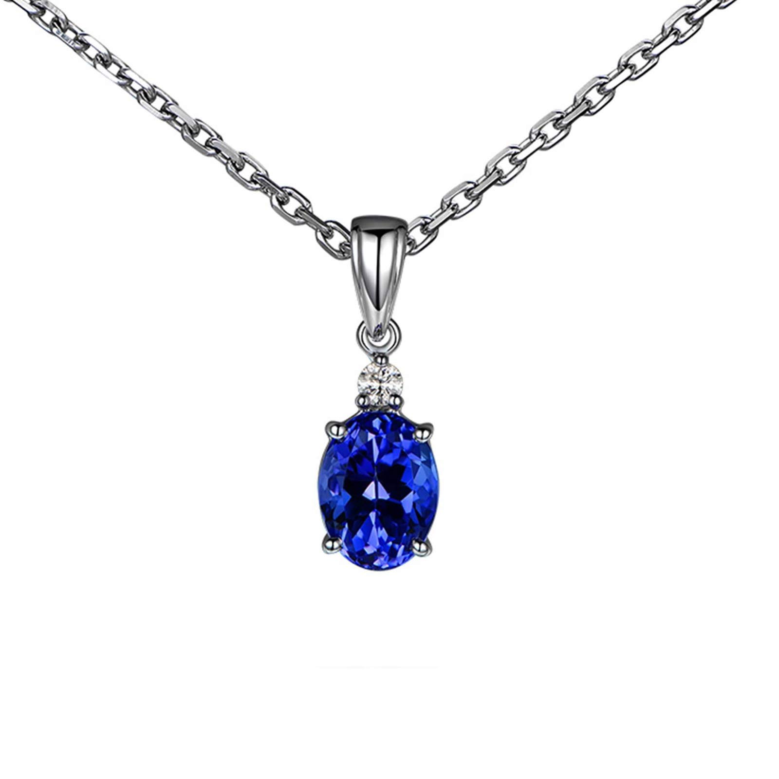 Halskette aus Weißgold für Damen, 18-karätiges echtes Gold, Vier Zinken, oval, Blauer Tansanit, 1,2 Karat, mit weißem Diamant, 0,06 Karat, Halskette, Goldkette, 45,7 cm