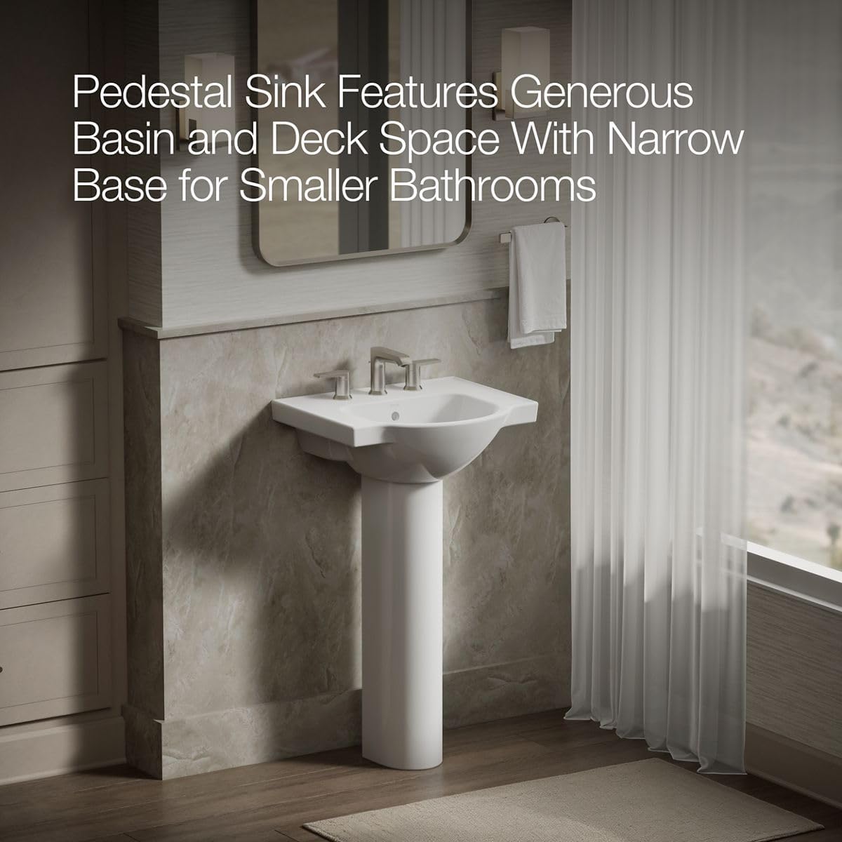 Kohler 5265-8-0 Veer Pedestal Bathroom Sink with 8-Inch Widespread Faucet Holes, 21-Inch, White
