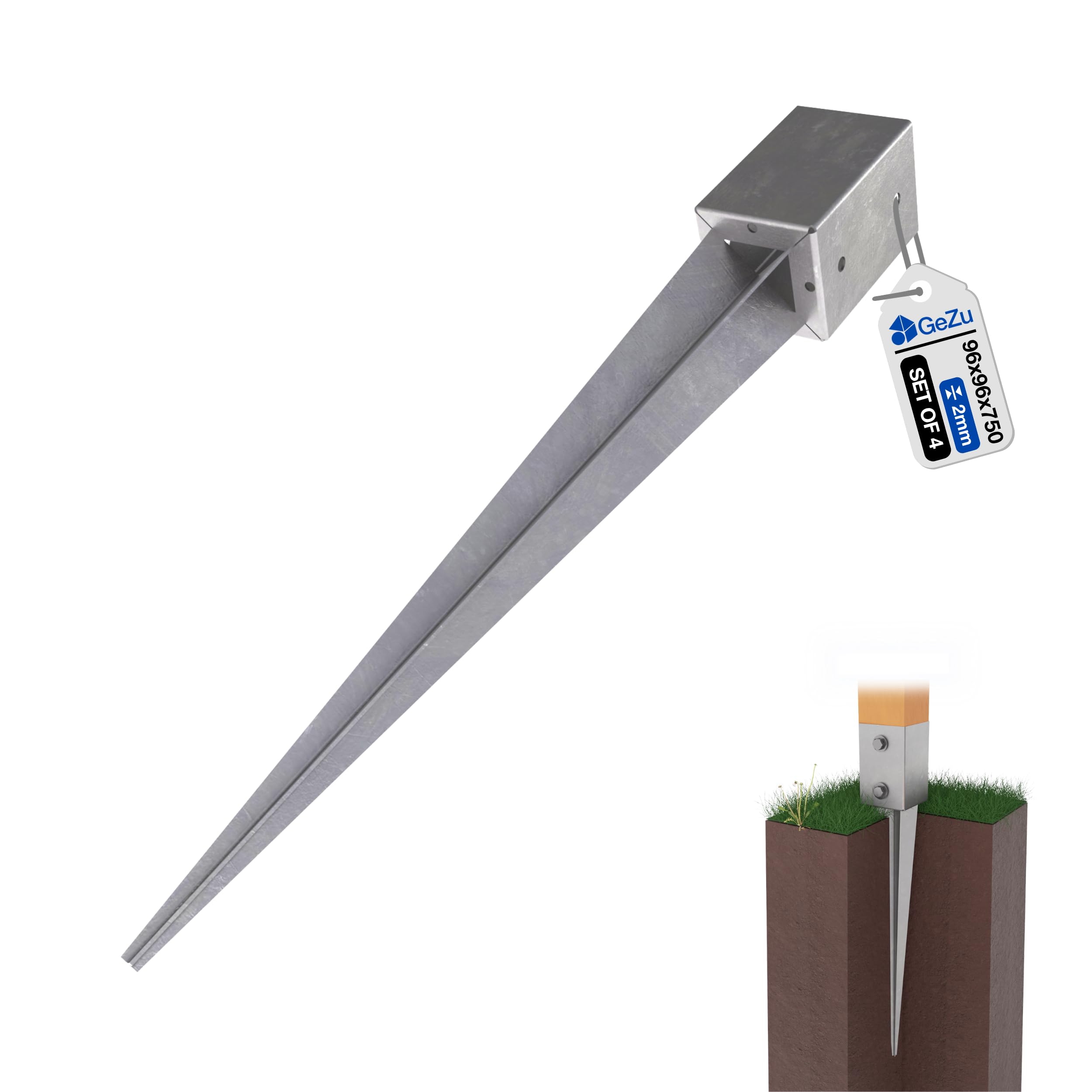 GeZu Impex Ancrage au sol 96 x 96 x 750 mm galvanisé à chaud Lot de 4 douilles de fond d'impact, support de poteau de poteau de poteau de frappe