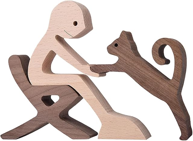 BOBO BIRD Wooden Dog Cat Family Statue, Handmade Wood Decoration Cute Puppy Kitty and People Statue Sculpture Ornament Collectible Figurine Craft Arts for Home Office Living Room