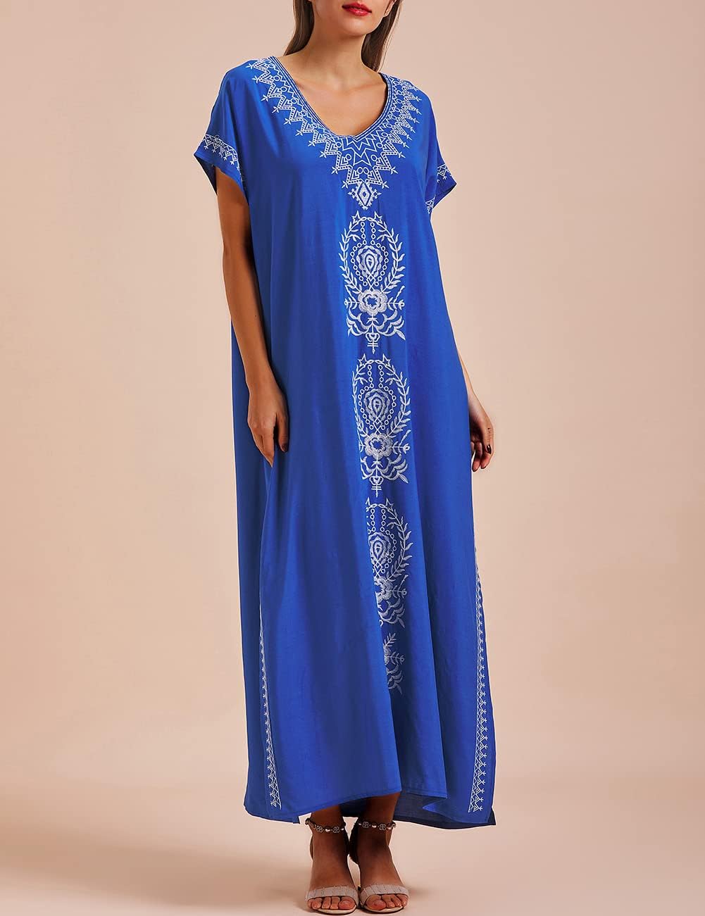 Busbseach Caftan Dresses for Women Embroidery Short Sleeve Beach Cover Up V Neck Maxi Kaftan Dress - Image 2