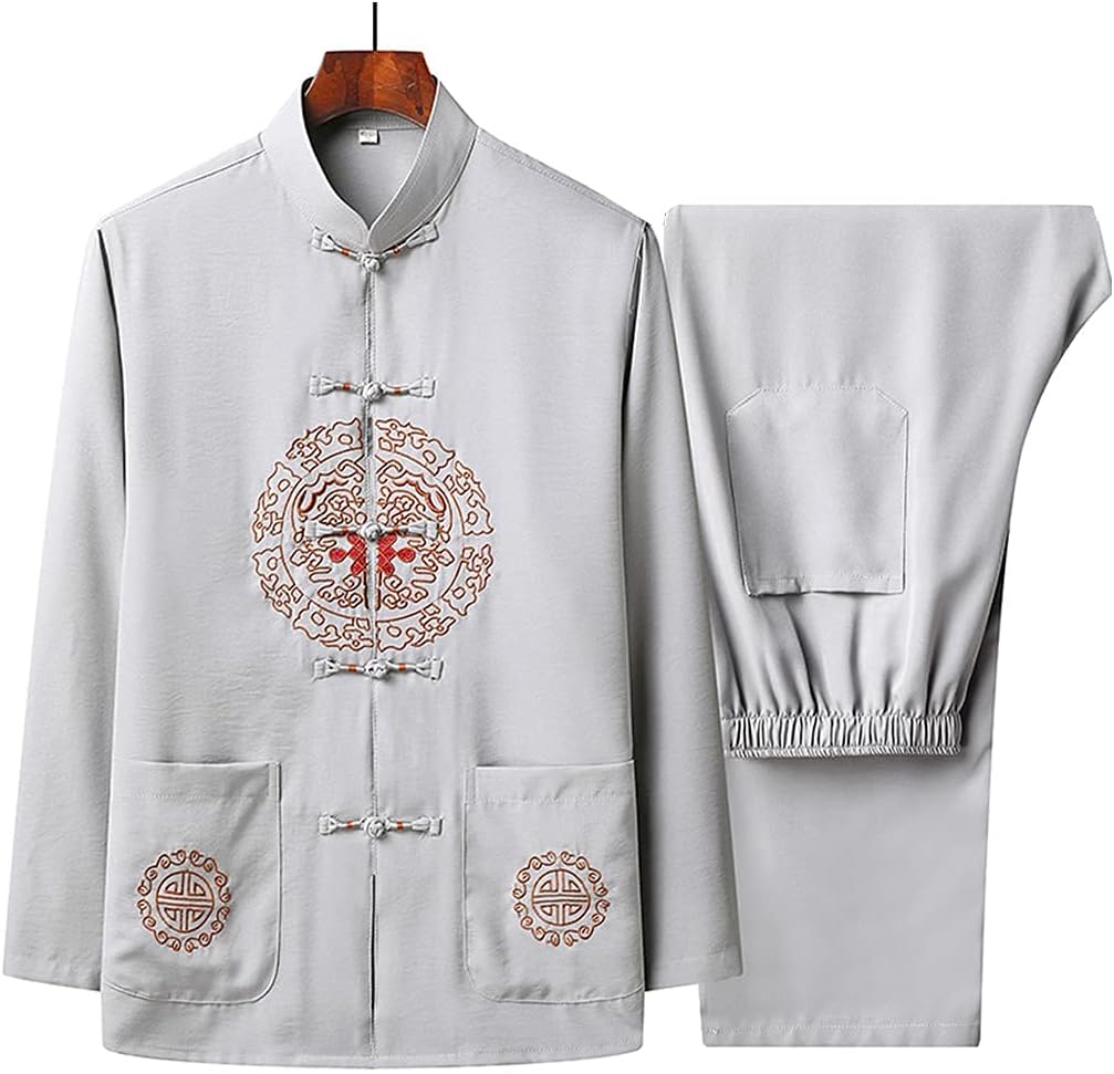 Tang Suit Men Hanfu Kung Fu Uniform Chinese Traditional Clothing Taiyi Suit Martial Arts Set Long Sleeve Morning Exercise Wear (Blue L) (Grey1 3XL)