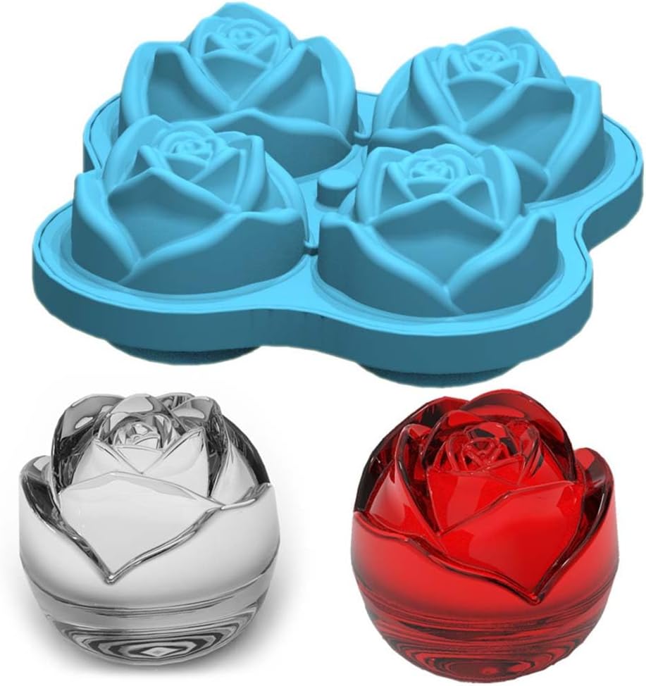 Ice Cube Molds Trays 3D Rose Flower and Diamond Shape Ice Cube Moulds 4 Cavity Silicone Rose Ice Ball Maker Easy Release Freezer Tray for Chilling Cocktails Whiskey Bourbon Juice(Blue)