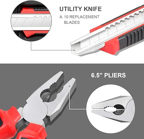 Miniatura 5 de DNA MOTORING - Kit doméstico y transportable de herramientas de mano, caja de 39 unidades para reparación general, destornillador, pinzas, martillo,