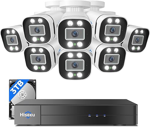 Miniatura 11 de Hiseeu Sistema de cámara de seguridad para exteriores con cable 3K con audio, luz dual inteligente, DVR de vigilancia de 5 MP 8 canales, cámaras