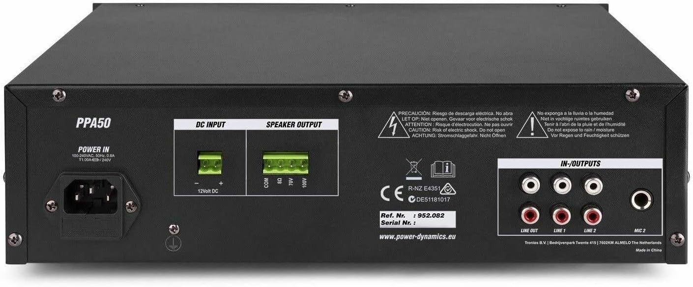 Spate view al Power Dynamics PPA50 amplificator, afișând intrarea de alimentare, ieșirile pentru difuzoare și intrările de linie.