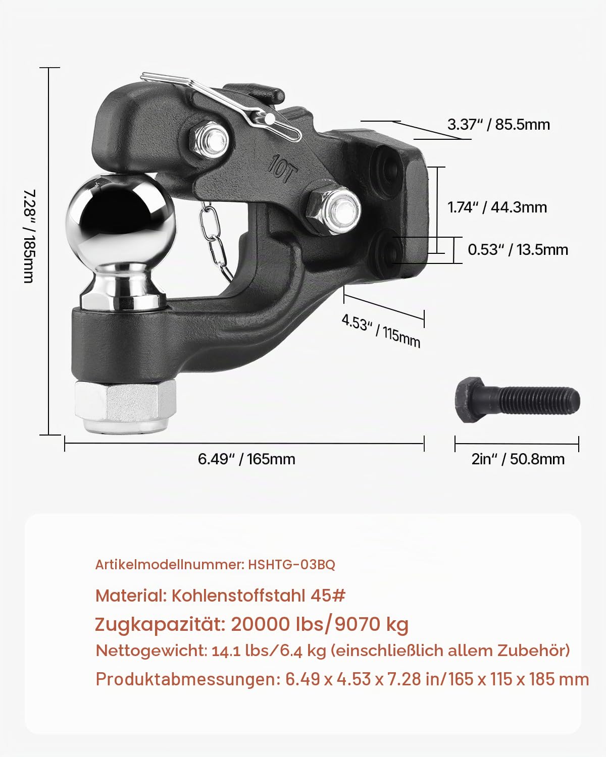 VEVOR Anhängerkupplung, 9070 kg, Anhängerkupplungs-Empfängerhaken-Kombination 2-5/16-Zoll-Kugelkopf, passend für 6,35-7,62cm große Lünettenringe mit Montagesatz, Schwarze Pulverbeschichtung