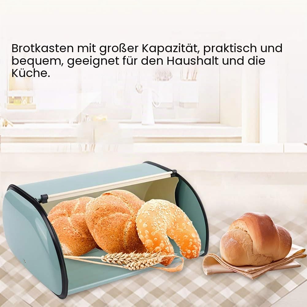 BORDSTRACT Metall Brotkasten, 34,5 x 23 x 14,5 cm Retro Brotbehälter aus Edelstahl für die Küche Rollbrotkasten Brotaufbewahrungsbox mit Deckel Vintage Design von Brot & Keksen und Trocken (Blau)