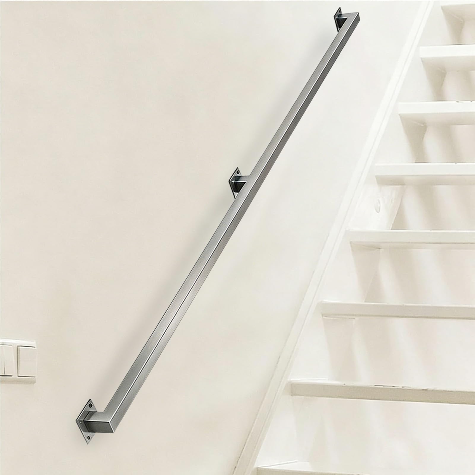 Stairs Handrail for Wall, 1.5m 2.5m 3.9m 4.5m 6m Brushed Stainless Steel Non-Slip Grab Bar Safety Wall Mounted Banister with Brackets, Corridor Loft Porch Hand Rails - Silver(17ft/5.1m)