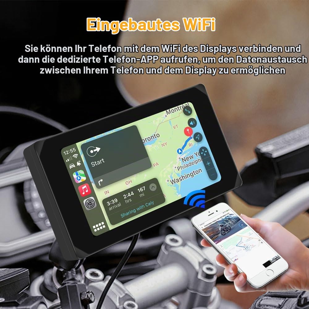 VSYSTO Motorrad Carplay Bildschirm, Kabelloses CarPlay und Android Auto, 5.0 Zoll Tragbare Wasserdichtem Touchscreen 1080P Motorrad-Kamera mit GPS Navigation, Bluetooth, Parkmonitor, Rückfahrkamera