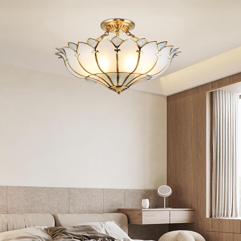 Petal Brass Semi-Flush Mount Ceiling Light, Elegant Frosted Glass Ceiling Light Fixture for Living Room Hall Bedroom, 6 Lights