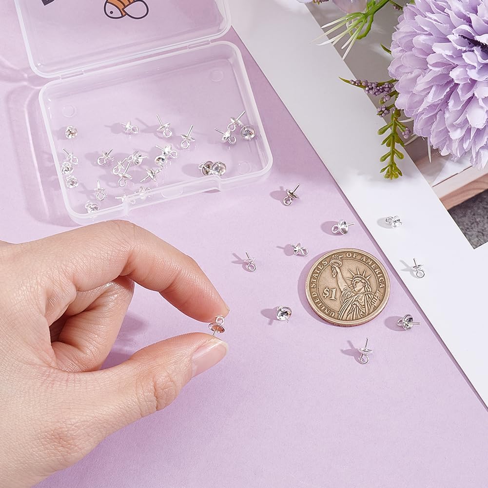 Beebeecraft 1 Box 40Pcs Eye Pin Bail Peg 304 Stainless Steel 4 Sizes Eye Pinch Bail Cup Pearl Connector for Half Drilled Beads Charms Pendants Jewelry Making