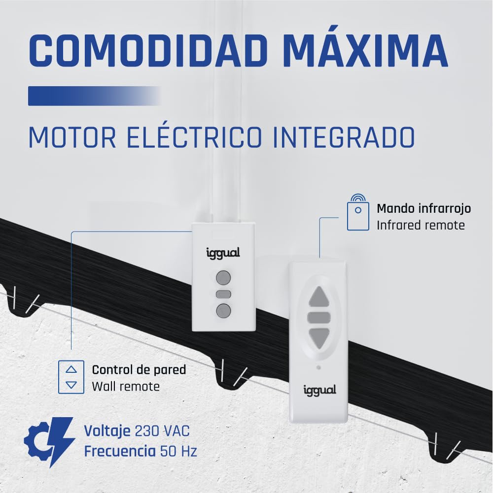 iggual Pantalla Proyección 92" Pulgadas Eléctrica Enrollable Tensionada -Panorámica 16:9 -Control de Pared y Mando Remoto Infrarrojo -Compatible hasta 8k y Cualquier Proyector(203x114 cm)