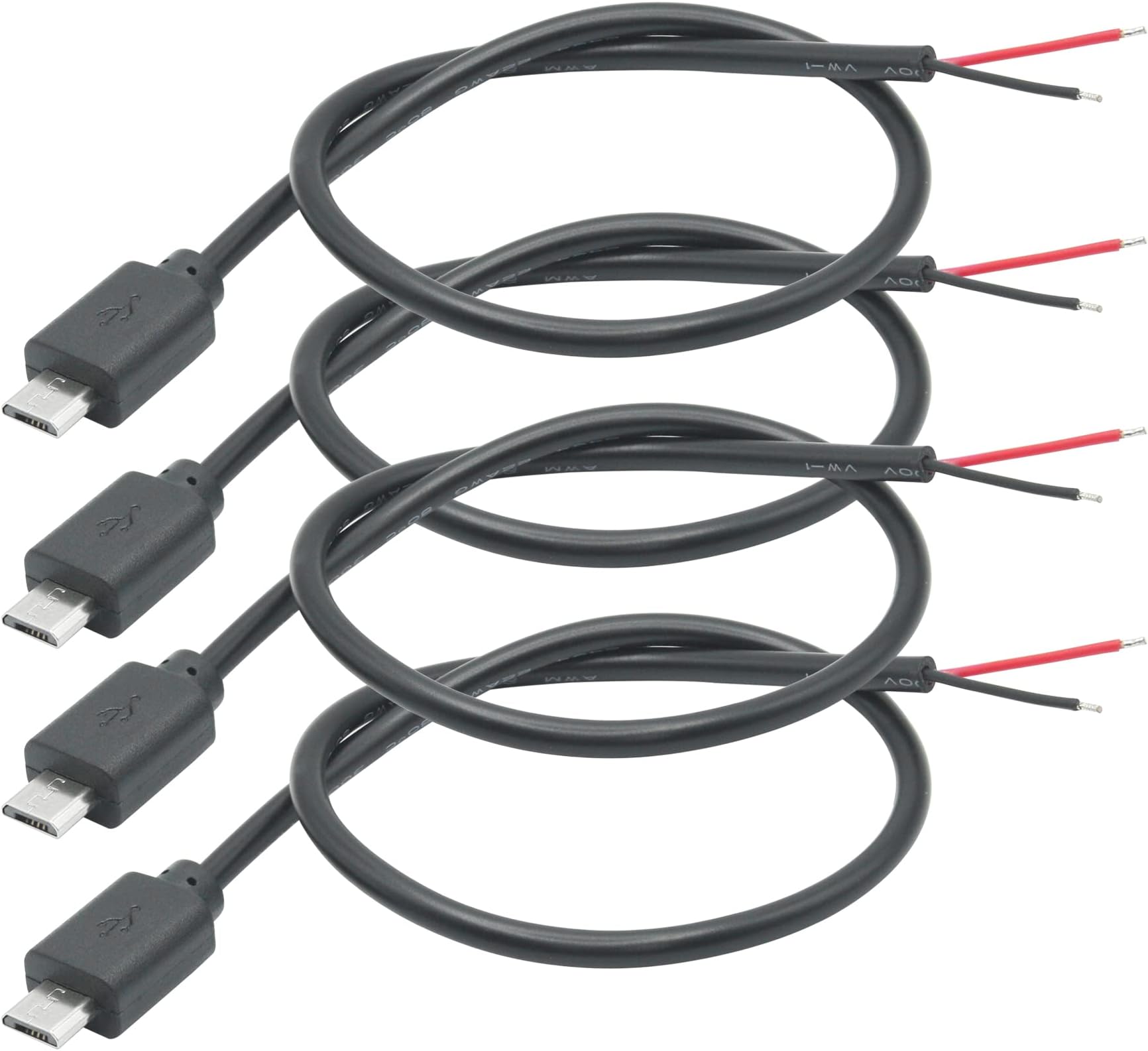 Short Micro USB Male 2 Pin Bare Wire,30cm/11.8in Micro USB to Open End Pigtail Power Cable Easy Soldering,Micro USB 22AWG 3A for Micro USB Equipment Installed or Replace Repair DIY Cable(4Pcs)