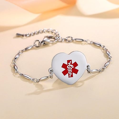 Miniatura 3 de LinnaLove Medical Alert Bracelet for Women Adjustable Stainless steel Heart Charm Medical jewelry
